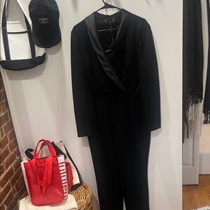 Adrianna Papell Black Satin-Trim Jumpsuit